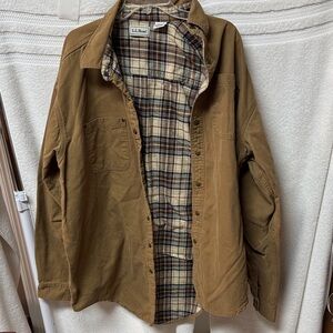 L.L. Bean Men's Tan Canvas Shirt Jacket with Plaid Lining H7